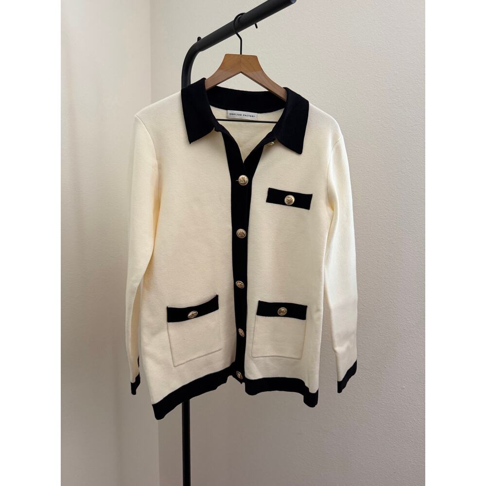 New English factory contrast knit ivory & black cardigan sz M - Picture 3 of 6